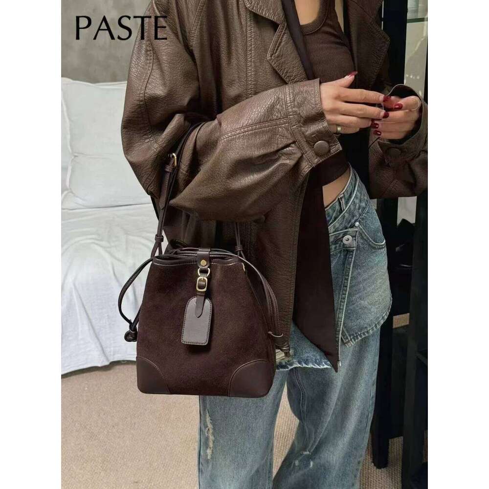 Retro Stylish String Close Gift Pouch Marroon Coffee Color Small Bucket Tote Matte Suede Leather Women Crossbody Shoulder Bag