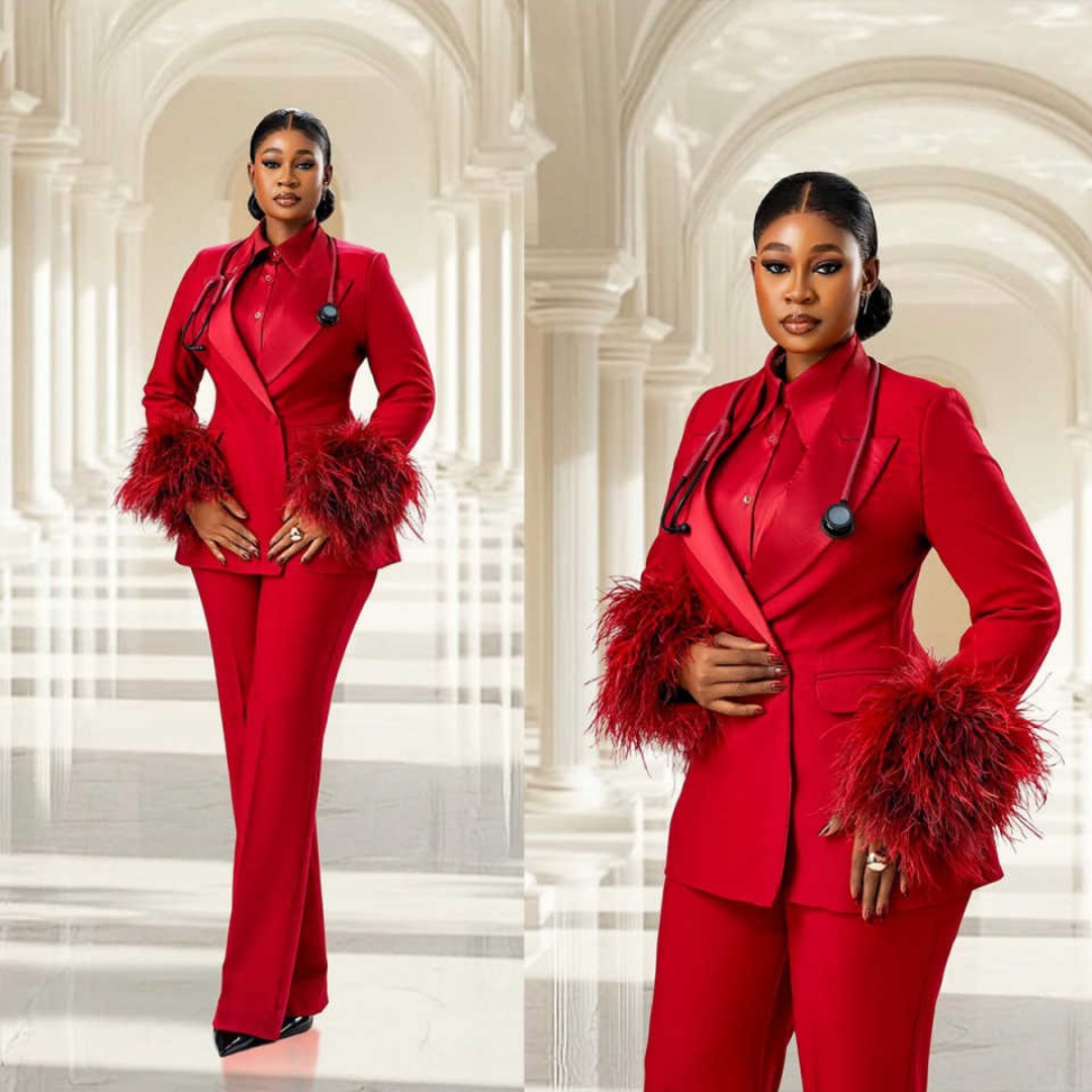 2 Pieces Red Customized Fur Sleeve Women Blazer Dress Ladies Prom Birthday Party Formal Wear Outfit Jacket