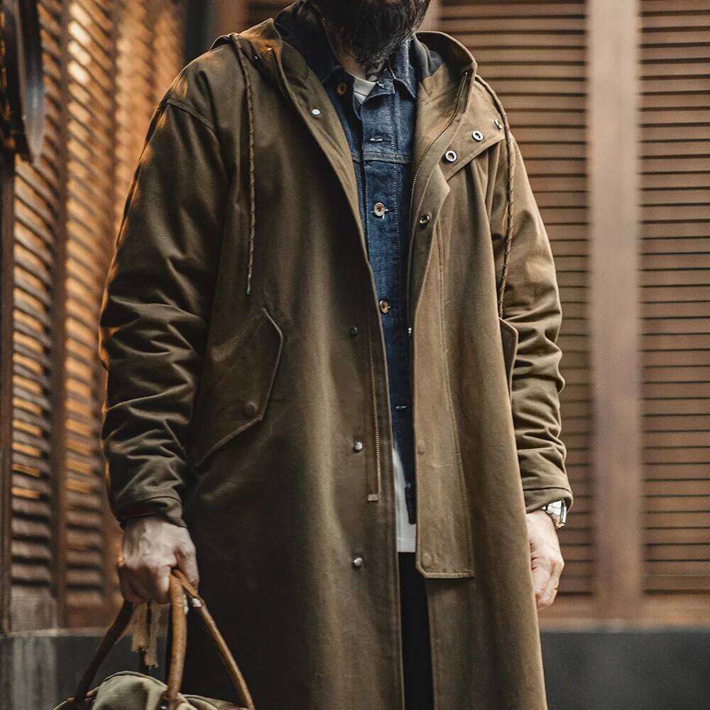 Maden Retro M51 Hooded Windbreaker Loose Fit Cotton Zipper Mid-Length Jacket Versatile Solid Color Outerwear For Men's Autumn