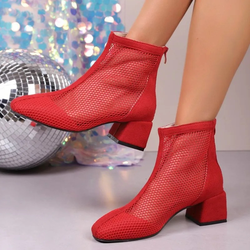 2024 Summer Boot Zapatos Chaussures Femme Zipper Square High Heel Leopard Woman Shoes Women Mesh Suede Ankle Boots Size 43 250714