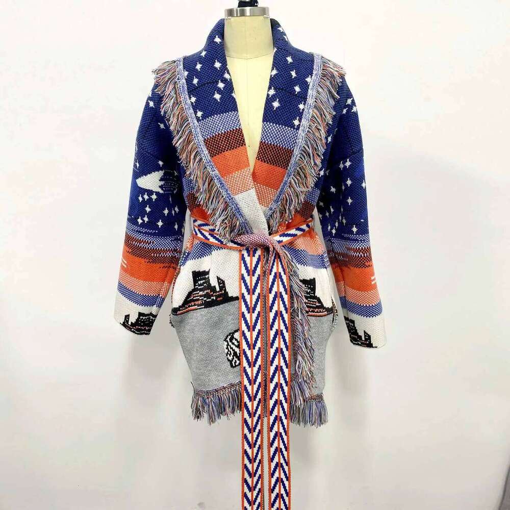 Designer Clothing Boho Inspired Hand-Made Overisized Jacquard Cardigan Fringed Trims Long Sleeve Sweater Winter Clothes Women Fashion