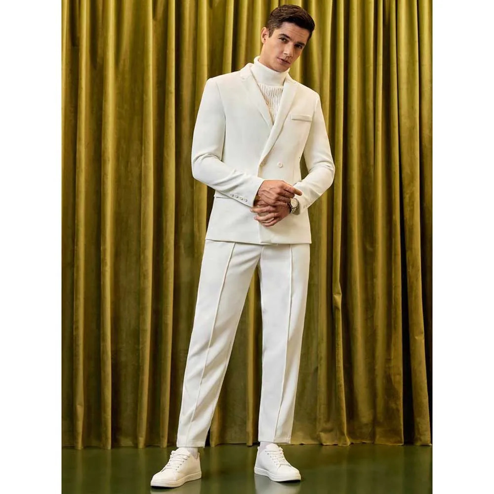 High Quality White Mens Suits Double Breasted 2 Piece Jacket Pants Male Clothing Slim Fit Business Gentleman Blazer Sets 250715
