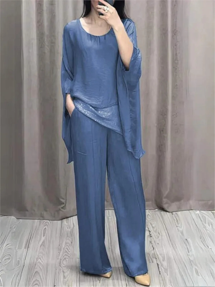 Women Double-layer Top Two-piece Suit Spring Autumn Fashion O-neck Sets Casual Batwing Sleeve Top With Wide Leg Pants Outfits 250714