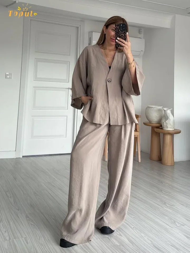 Solid Cotton Linen Loose Pants Set Women Casual Full Sleeve V-neck Buttons Top Wide Leg Pants 2025 Lady High Street Outfits 250715