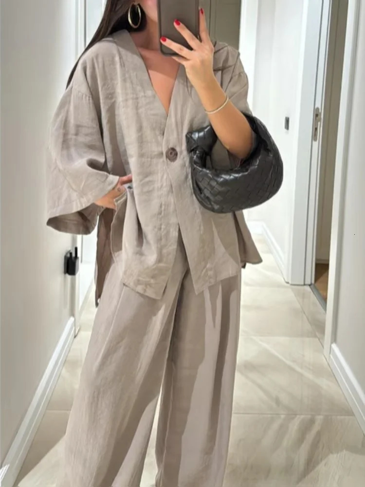 Solid Cotton Linen Loose Pants Set Women Casual Full Sleeve V-neck Buttons Top Wide Leg Pants 2025 Lady High Street Outfits 250715
