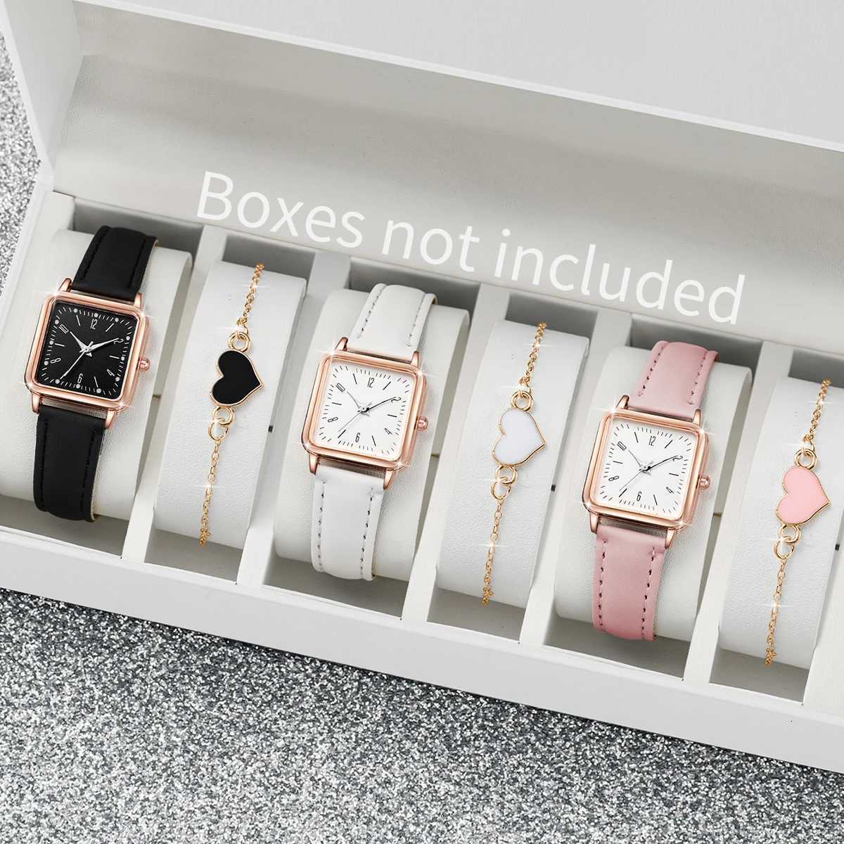 6PCs/Set Womens Fashion Watch Square Simple Dial Leather Quartz Watch with Love Bracelet Set W250718