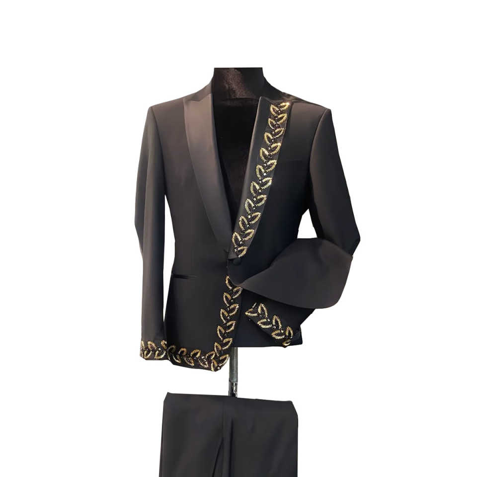 Formal Men Suits Wedding 2 Piece Jacket Pants Single Breasted Gold Sequined Crystal Groom Tuxedos Customized