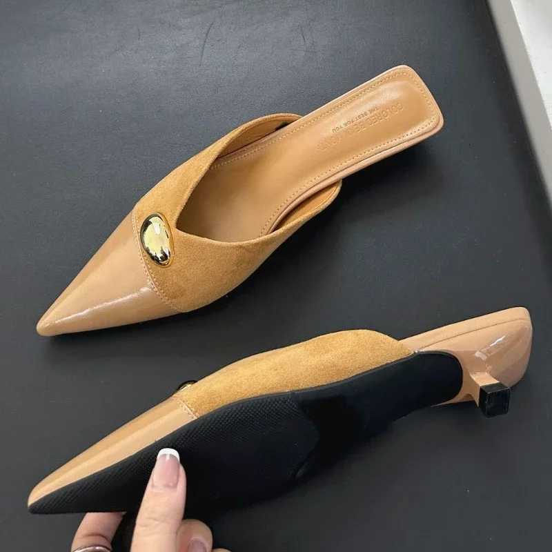 Metal Buckle Pointed Toe Mules Elegant Low Heel Slippers Fem Brand Designer Sandals for Women Pumps Y250716