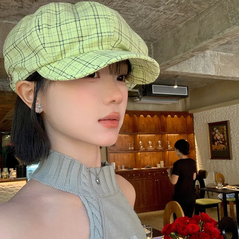 Ins Fresh Green Plaid Octagonal sboy Hats for Women Spring and Summer Show Face Small Retro Versatile Cloud Berets Cap 250712