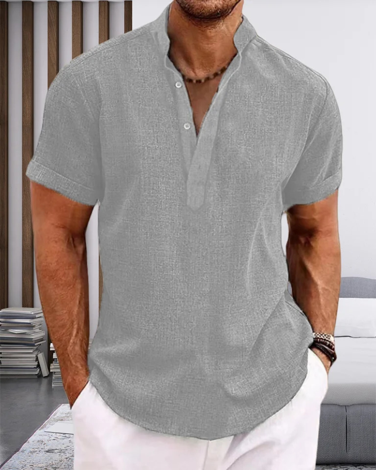 mens tiedyed Henry collar casual beach shortsleeved fashionable solidcolor top Tshirt highquality street shortsleeve 250717