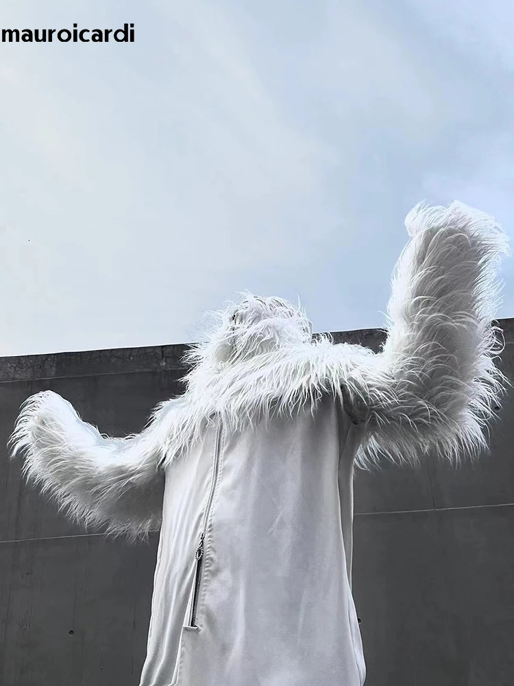 Mauroicardi Autumn Winter Thick Warm Hairy Shaggy CroppEd Faux Fur Coat Men Clothes Black Fluffy Jacket 250715