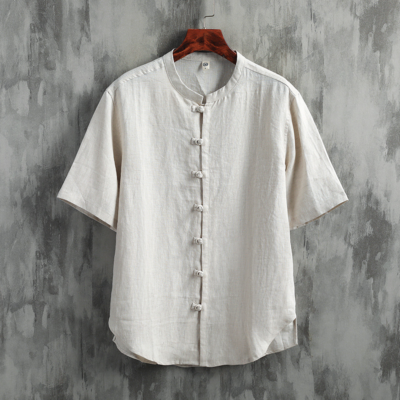 100% Pure Linen Style Mandarin Collar Short Sleeve for Men Summer New Chinese Tang Suit Zhongshan Shirt