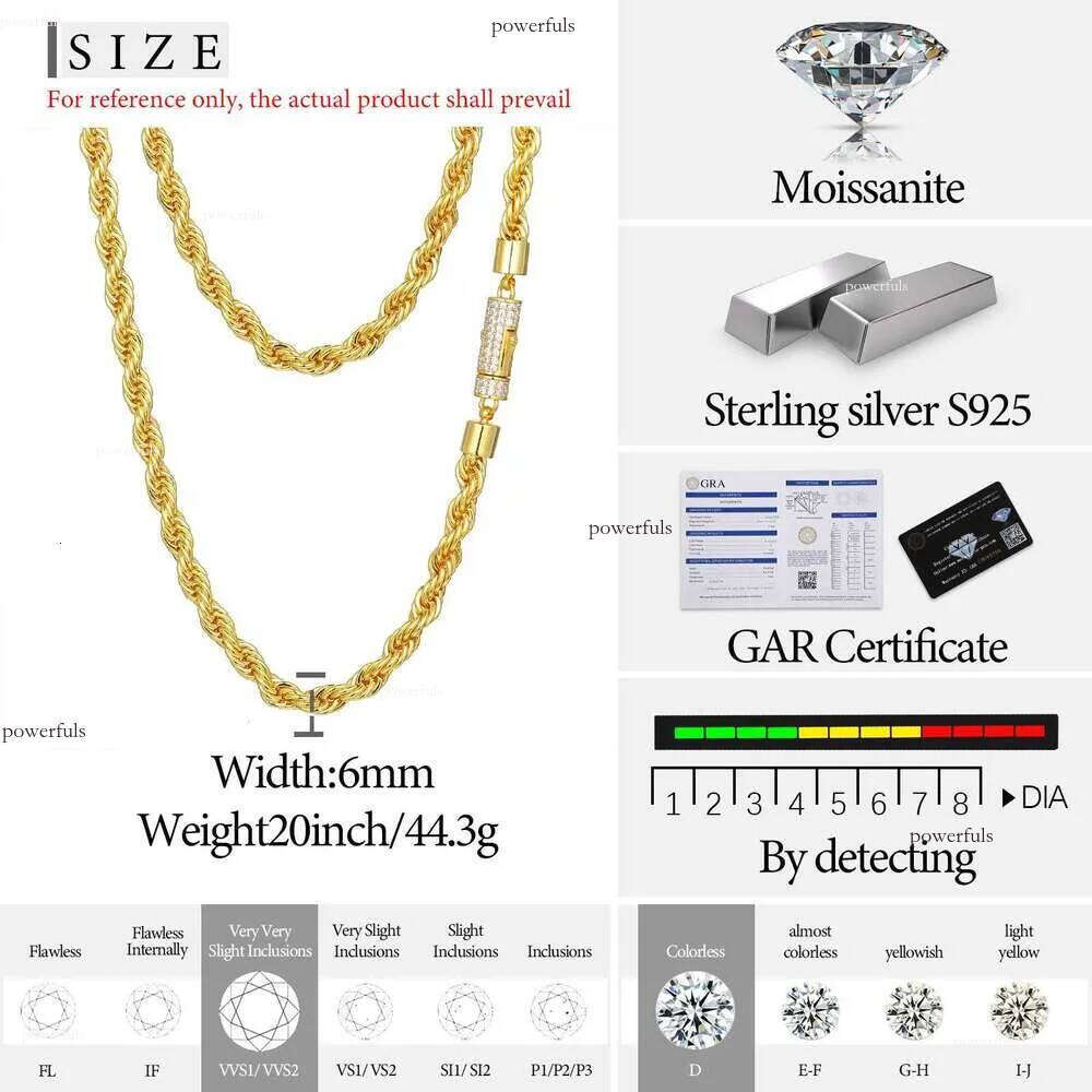 6mm 12mm 14K Gold Plated Solid Sterling Sier VVS Moissanite Dia Iced Out Lock Rope Chain Necklace For Men