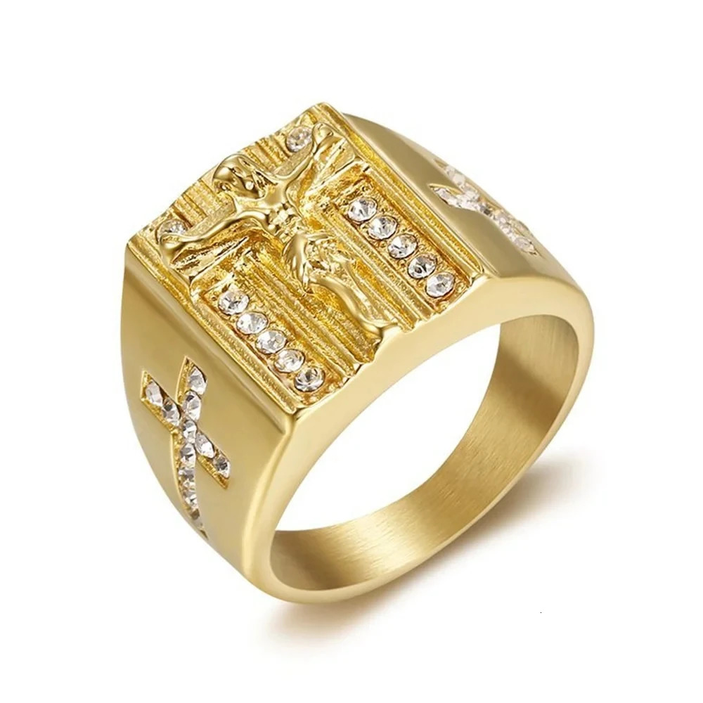 Hip Hop Iced Out Religious Jesus Cross Ring Gold Color Stainless Steel Christian Rings For Women Men Wholesale Mens Ring 250717
