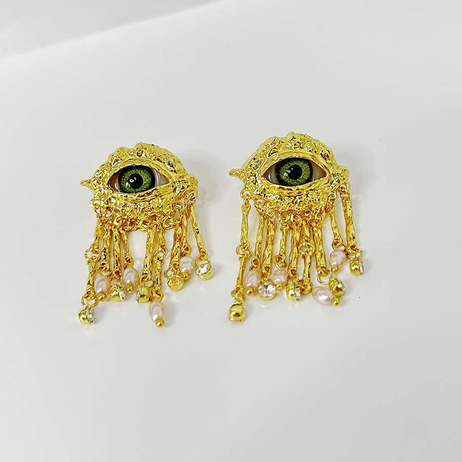 Vintage Personality Demon Eye Pearl Tassel Light High-end Sense Earrings Ring Necklace Set Accessories for Women