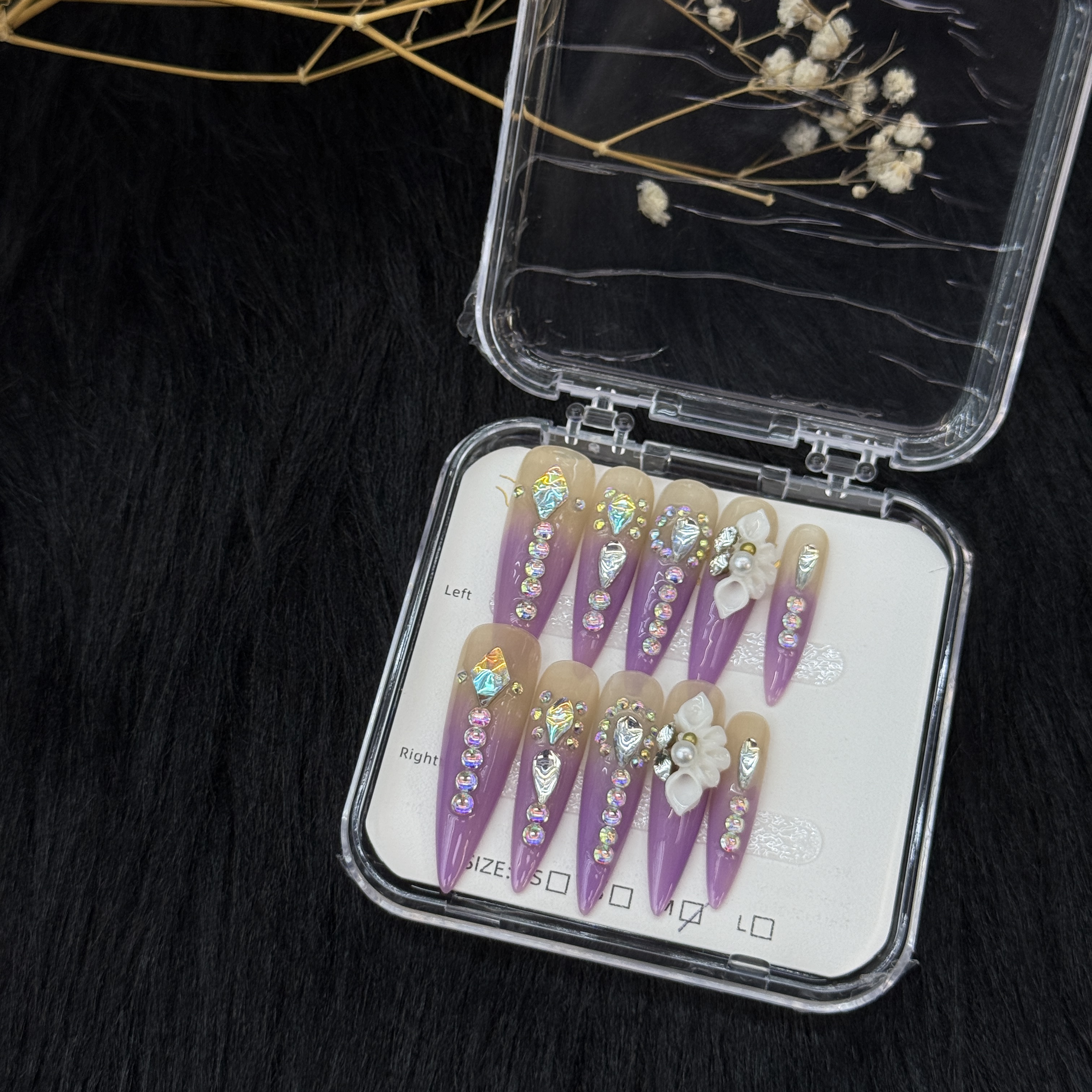 10Pcs Luxury Purple Rhinestone Press-On Nails - Elegant Floral Manicure Set