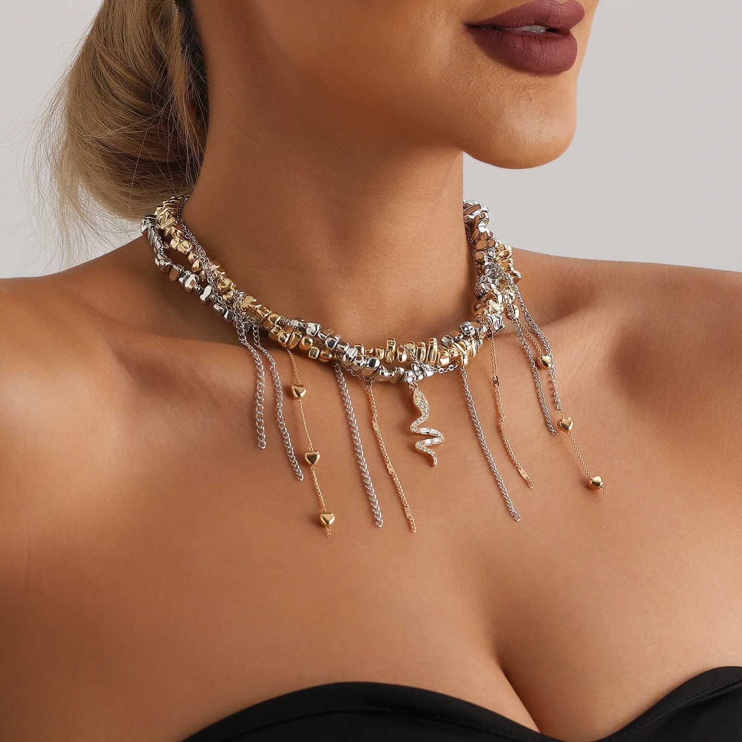 New Fashion Trend Accessories Irregular Hand-beaded Love Fringe Serpentine Pendant Mix Necklace Stainless Steel Jewelry W250718