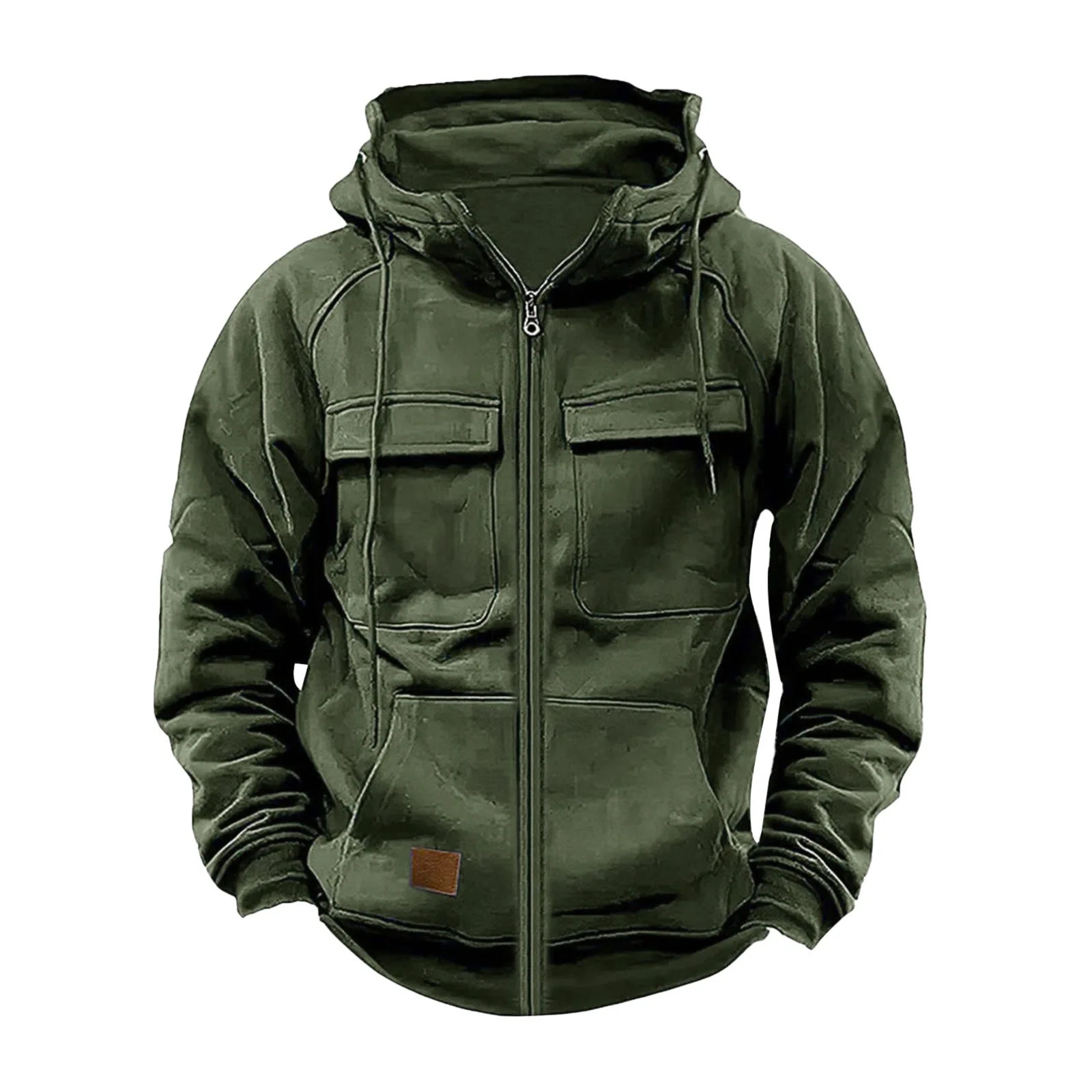 Autumn Winter Mens Hooded Solid Hoodies Jackets Multi Pockets Male Zipper Sweatshirts Sports Outdoor Casual Hoodie Coat 250716