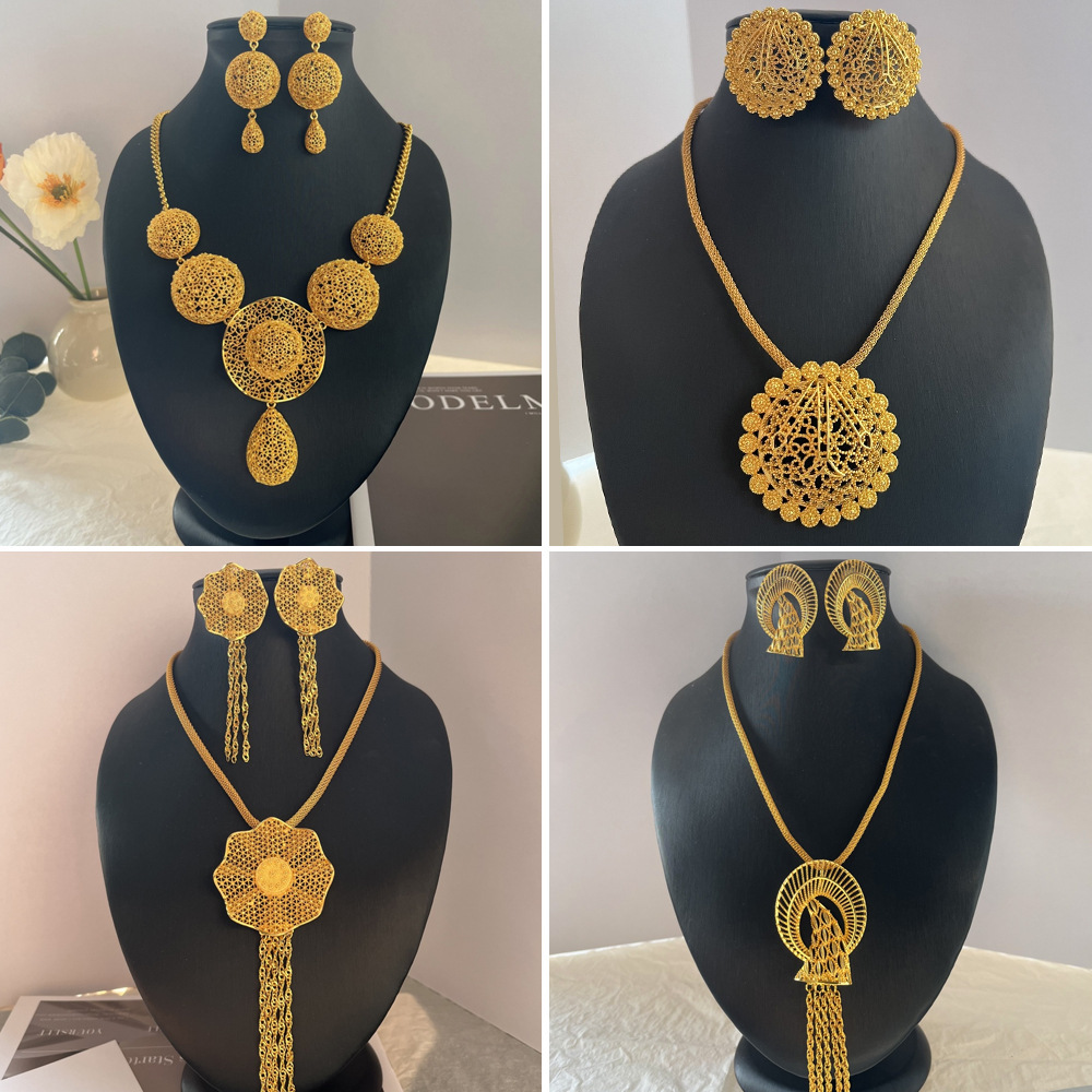Dubai bride 24k gold plated round necklace and earrings set - Middle East and Africa women's accessories