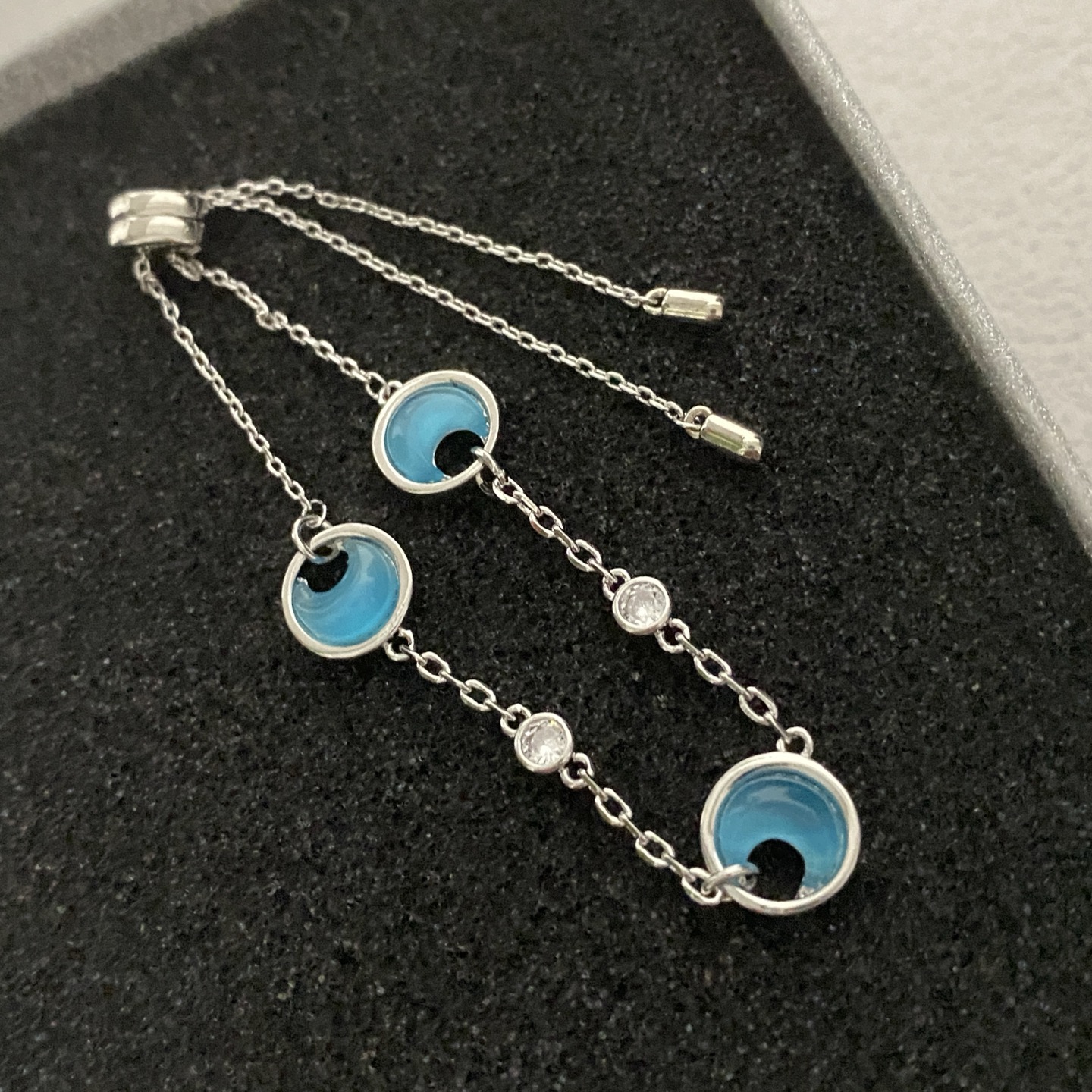 Silver - Toned Bracelet With Blue Enamel, Circular Cutouts, And Rhinestone Accents Artistic Daily & Elegant Jewelry Gift For Her High - Quality And St