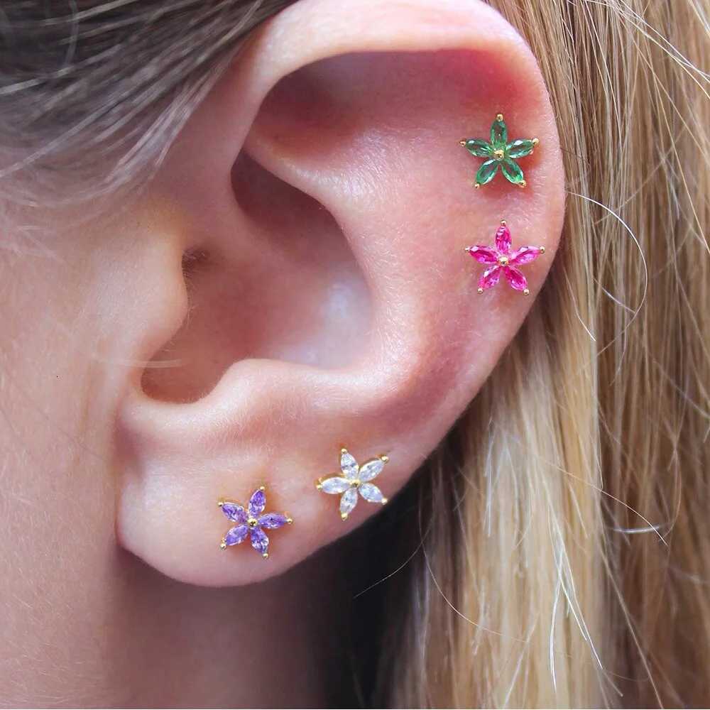 1 Piece 0.8mm Stainless Steel Flower Double Hole Link Chains Cartilage Screw Back Stud Earring Ear Helix Piercing JewelryXJ250718