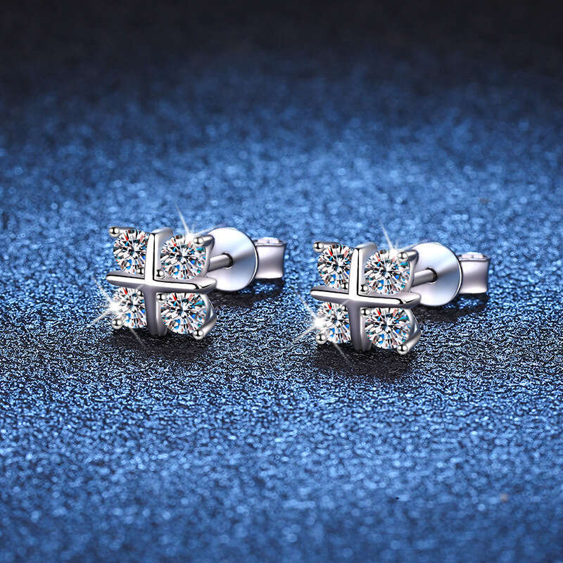 S Sier Classic Cross Plated Elegant Simple Moissanite Earrings c07