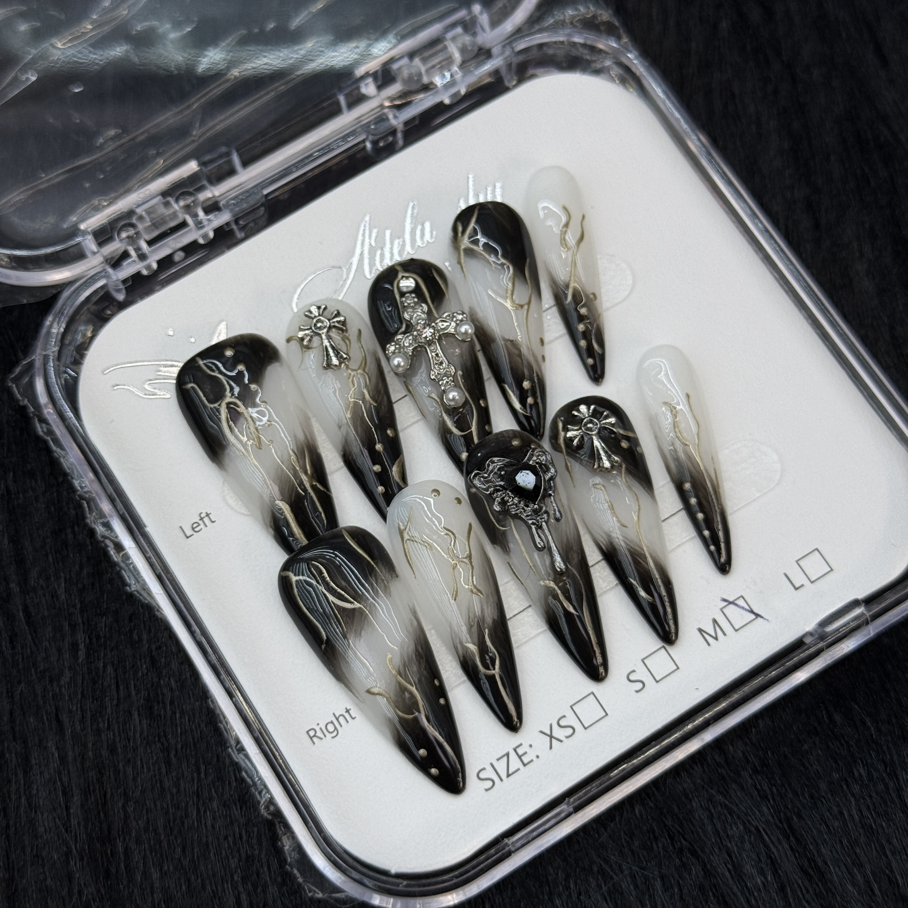 10Pcs Gothic Ombre Cross Press-On Nails - Black & White Punk Manicure Set