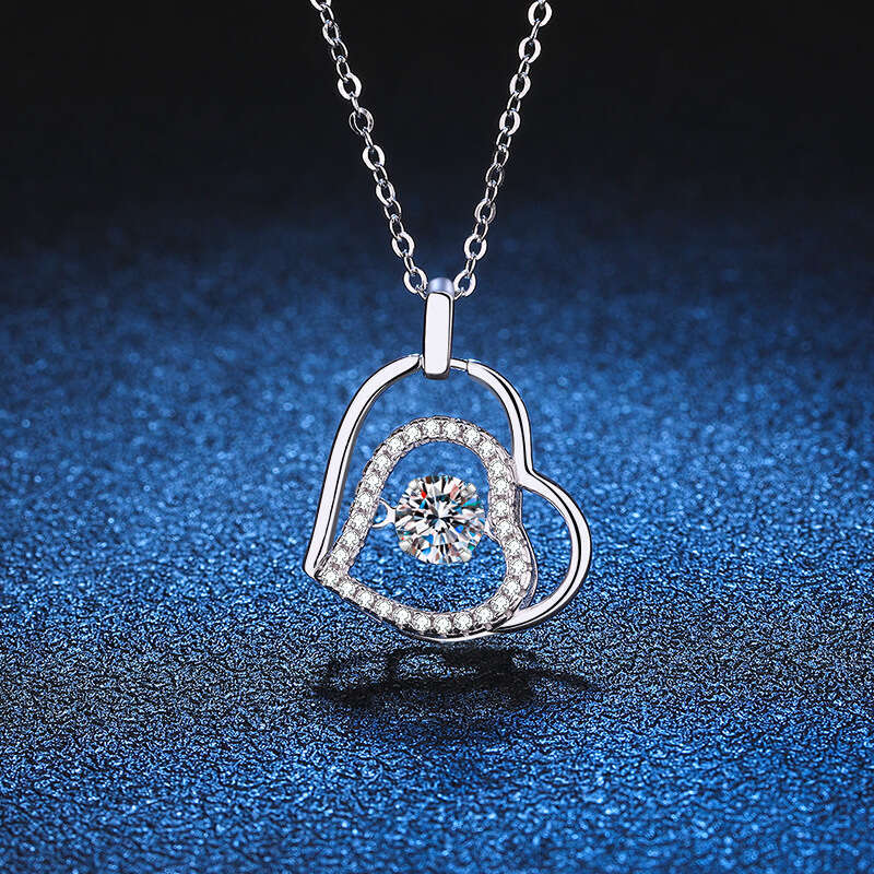 Pure Sier Pendant for Women, PT950 Plated, Heart-to-Heart Vibrant Pendant, D Color Moissanite Necklace, Valentine's Day Gift 5c4
