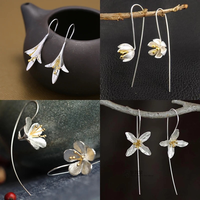 925 sterling silver Long Flower Earrings For Women Elegant Lady Prevent Allergy n Fashion Jewelry 250715