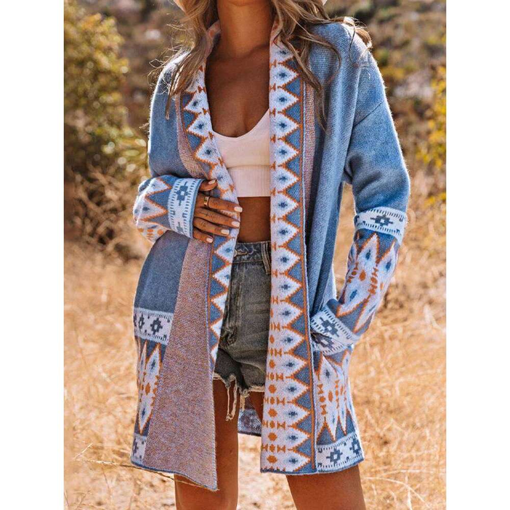 Designer Clothing Gypsylady Geometry Vintage Knitted Sweater Cardigan Blue Open Front Autumn Spring Women Ethnic Boho Ladies Long Jumper Sweaters Fash