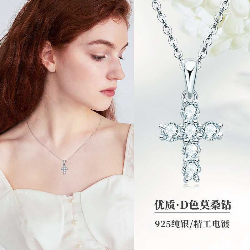 Classic Moissanite Pendant Sterling Sier Gold-Plated Fashion Cross Clavicle Necklace