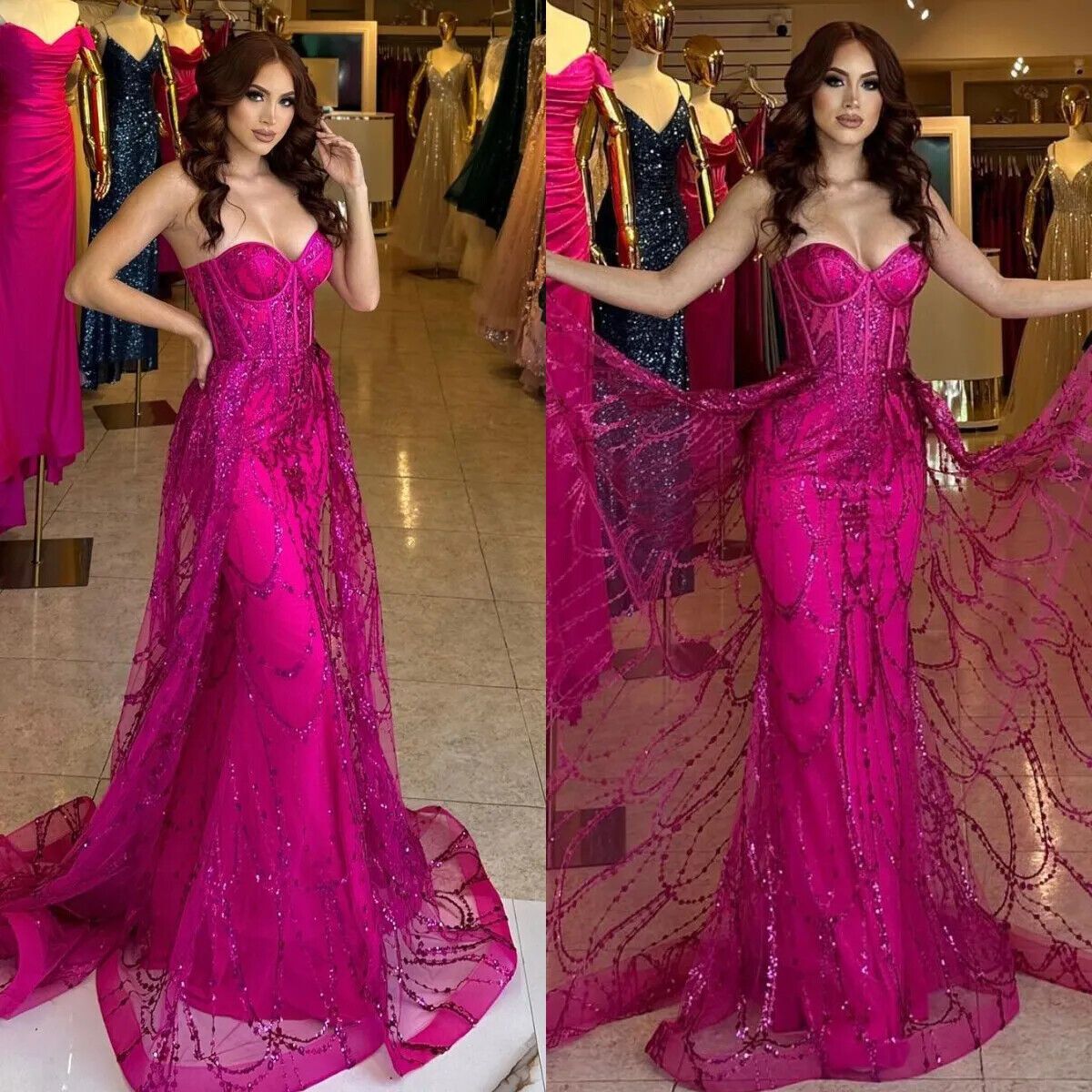 Vintage Fuchsia Strapless Prom Dress Lace Mermaid Evening Dresses Tulle Applique Formal Women Party Gowns Vestidos de Novia Customized
