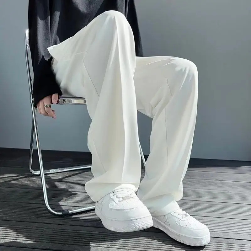 Mens Clothing Summer Casual Business Pure White Loose Fit Lightweight Draped Ice Silk Straight Wide Leg Dress Pants 250715