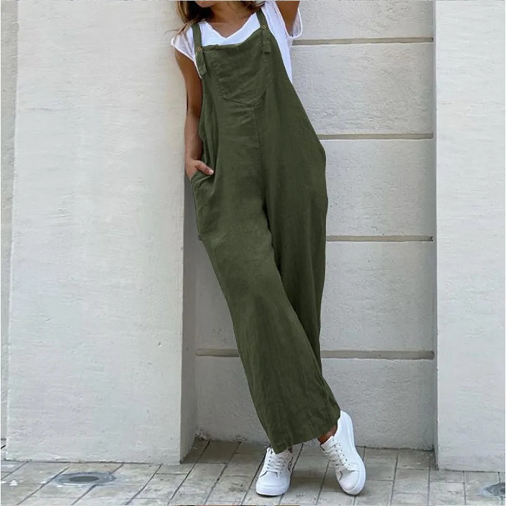 Women Wide Leg Pants Summer Adjustable Strap Pocket Loose Cotton Linen Overalls JYFSJY1850 250714