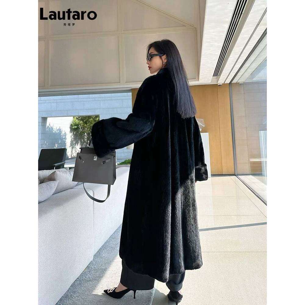Lautaro Autumn Winter Long Elegant Chic Soft Thick Warm Brown Hairy Faux Mink Fur Coat Women V Neck Fluffy Overcoat 2024 MDNG