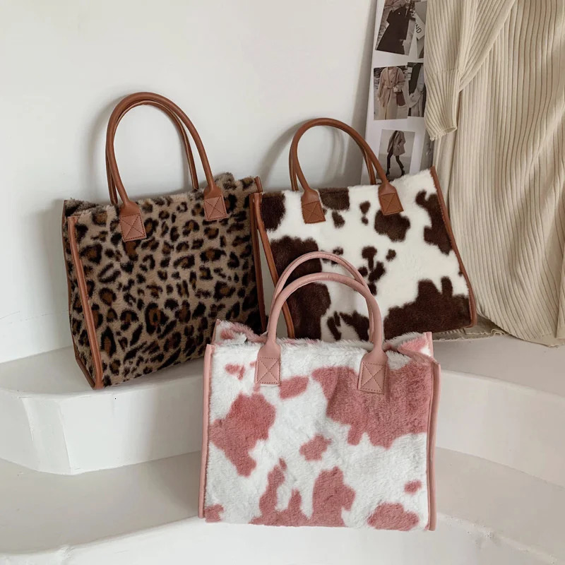 Women Soft Plush Hand Bag Winter Leopard Cow Print Tote Bags Female PU Leather Underarm Bags Furry Fluffy Shoulder Bag 250717