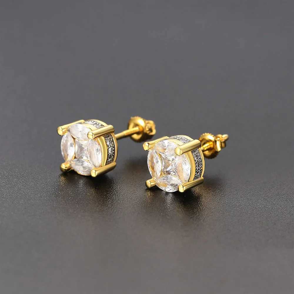 Rock Hip Hop Iced Out Stud Earring for Men Male Inlaid AAA+CZ Zircon Gold Color Piercing Ear Accessories Hiphop Trend Jewelry XJ250718