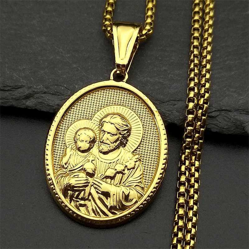 Saint Joseph Religious Jesus Medal Necklace for Women Men Stainless Steel Gold Color Necklaces Gift Amulet Jewelry W250718