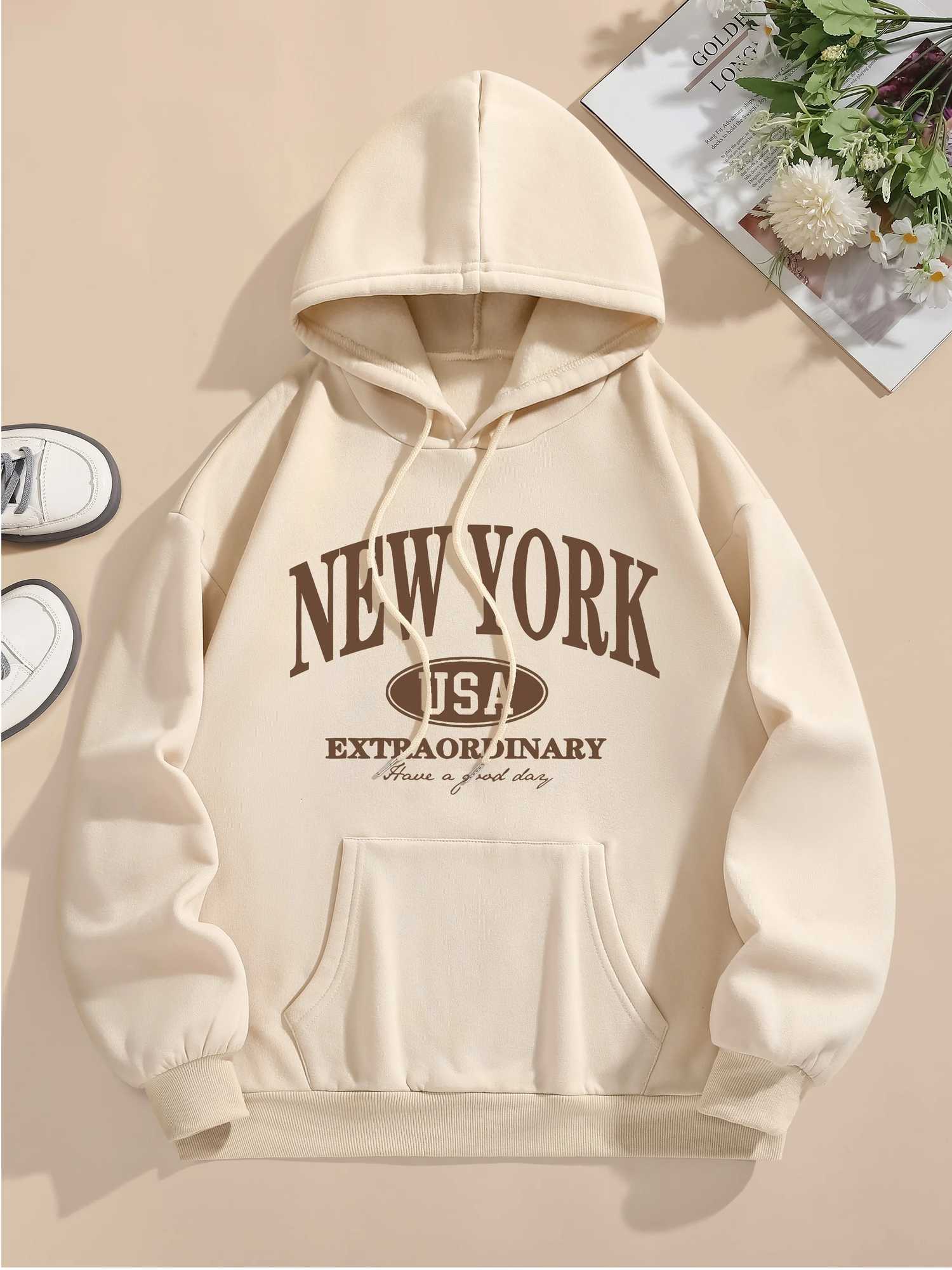 Letter Print Hoodie Drawstring Long Sleeve Casual Hooded Sweatshirt For Winter Fall Womens Clothing Z250719