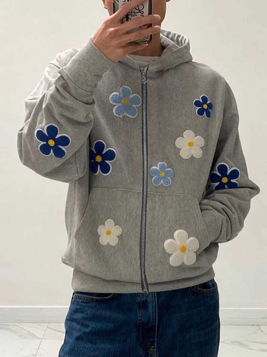 Women s Floral Embroidery Hoodie Long Sleeve Hood Sweatshirt with Front Pocket Z250719