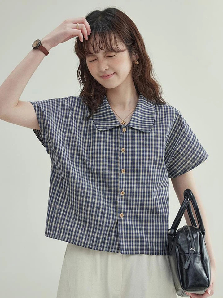 Zoki Women Vintage Plaid Shirt Casual Loose Summer Short Sleeve Blouse American Preppy Style Female Simple Retro Buttons Tops 250717