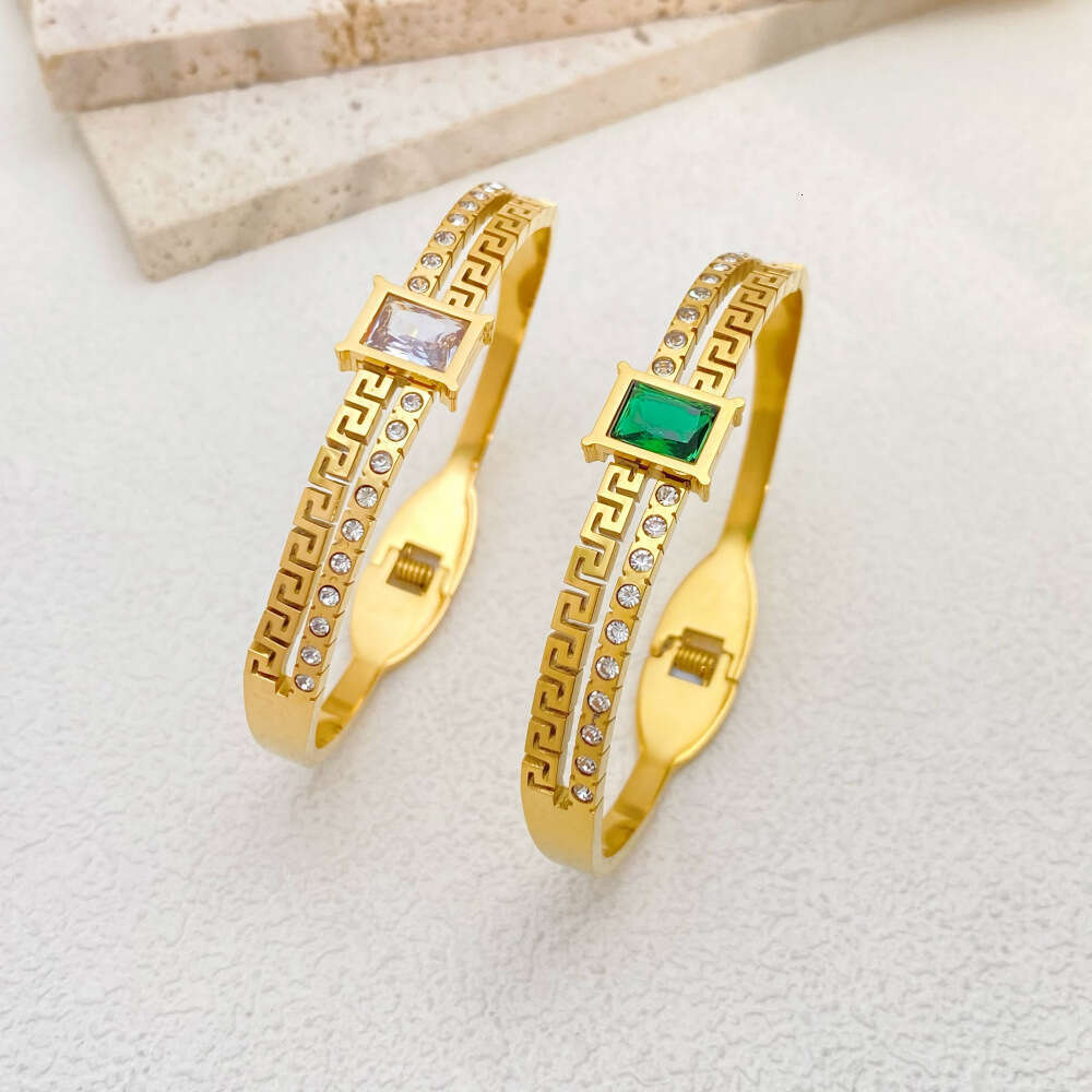 Stainless Steel Emerald Bracelet Light Simple Zircon Great Wall Pattern Hand Women's Fashion Jewelry Accessories