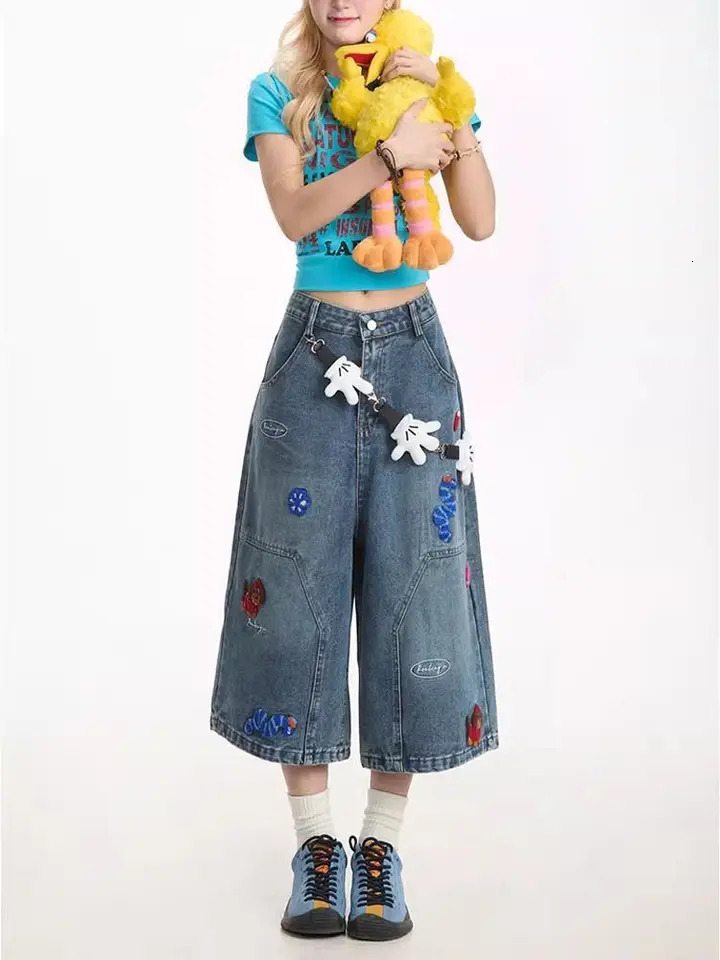 Summer Vintage Washed Style Embroidered Street Y2K Bermuda Jeans Knee Length Denim Jorts Casual Shorts Cropped Trousers 250717