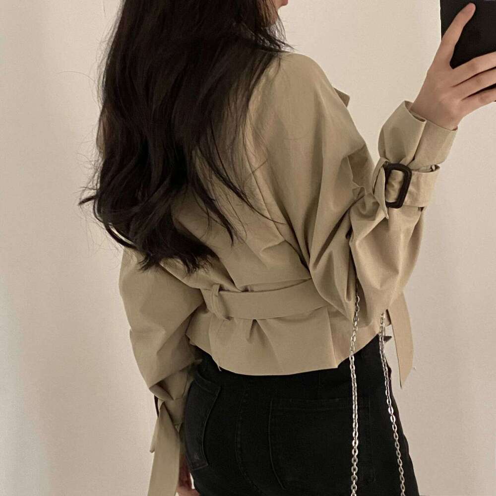 2colors Korean Women Autumn Trench Coats Short Jacket Casual Female Lace Up Coat Tops womens (hf1903)