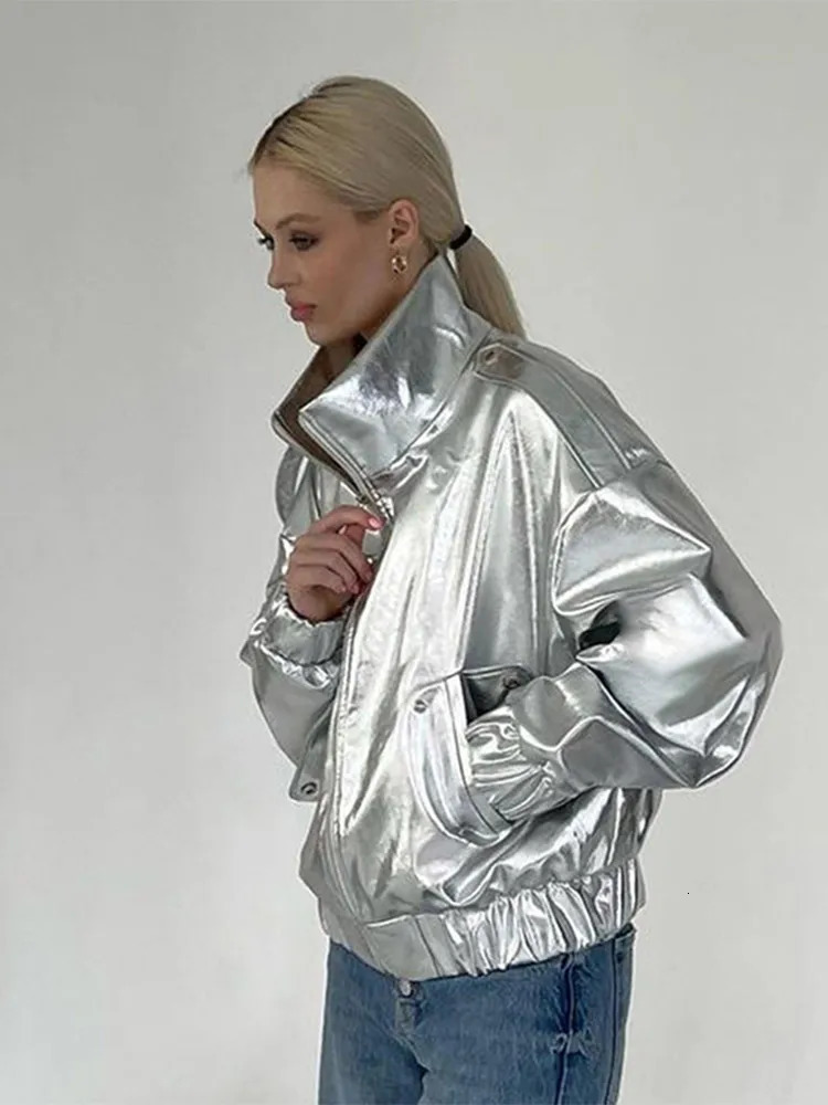 Glossy Jackets Women Casual Loose Lapel Zipper Fashion Coats Female Autumn Winter Long Sleeves Solid Street Outwears Lady 250715