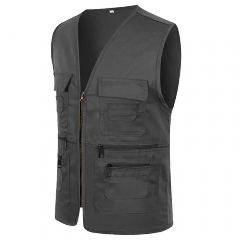 Vest Men Casual Sleeveless Cargo Jacket Multi Pocket Waistcoat Fashion Outdoor Solid Color Zipper Vests Mens Clothing 250707