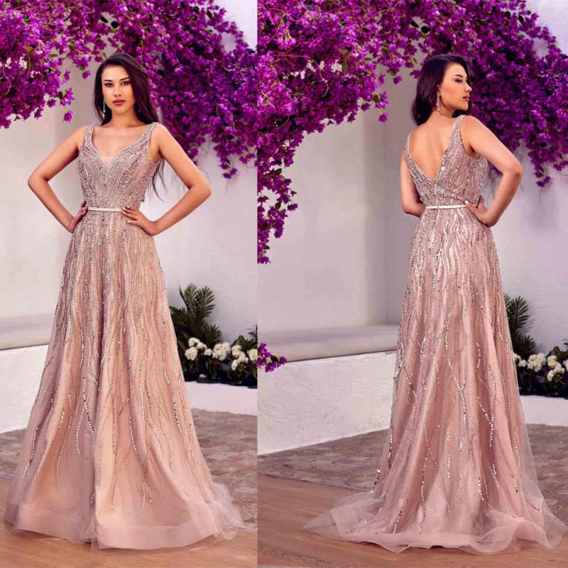 Sparkly A Line Customized Evening Dresses V Neck Sequins Crystal Beading Prom Gowns Party Birthday Special Occasion Wear