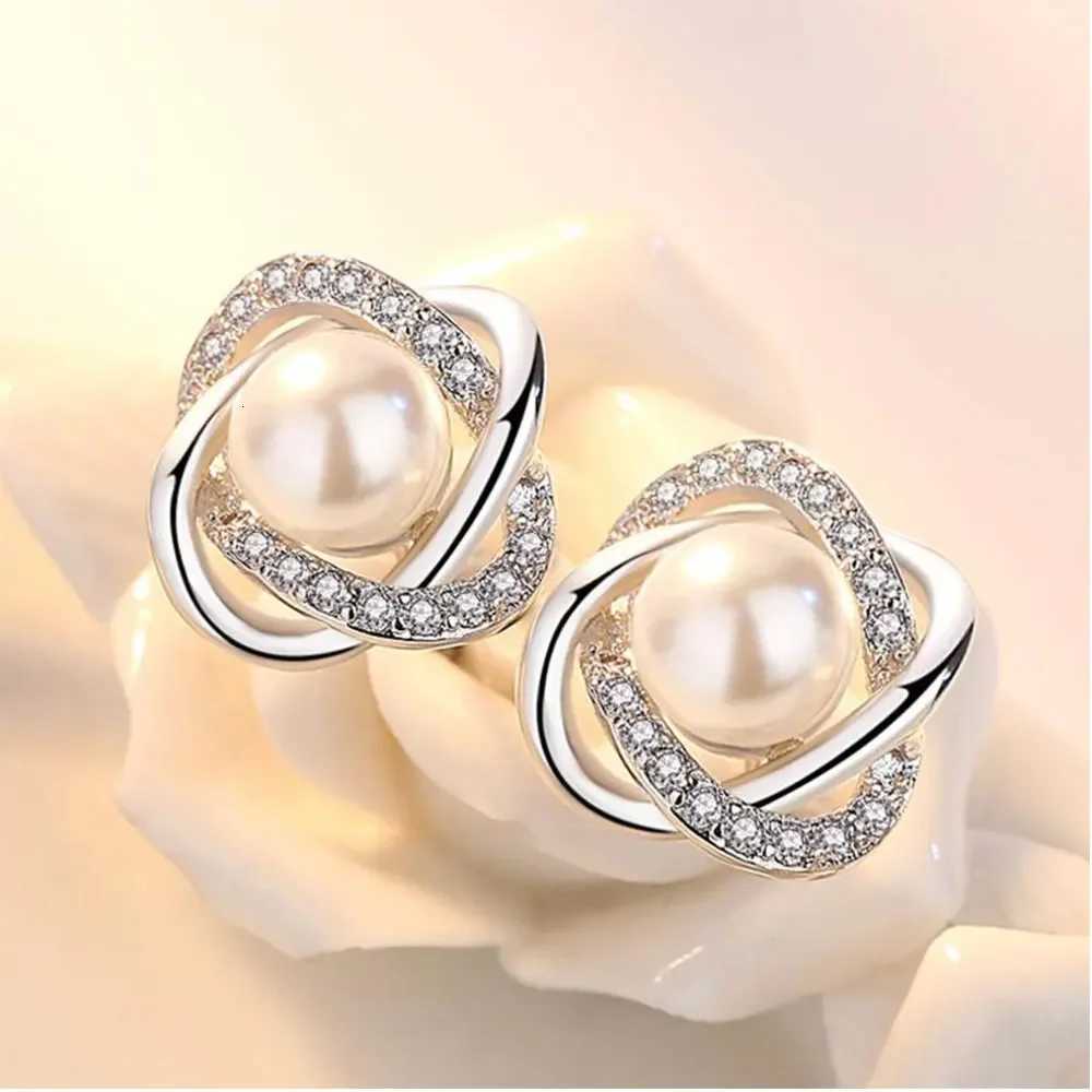 925 Sterling Silver Earrings Zircon Pearl Twist Luxury Stud Earrings For Women XJ250718