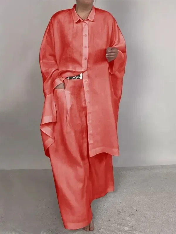 Women 2pcs Clothes Set Loose Solid Color Long Shirt Wide Leg Pants Two-Piece Set Single Breasted 250715