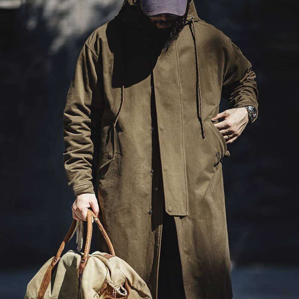 Maden Retro M51 Hooded Windbreaker Loose Fit Cotton Zipper Mid-Length Jacket Versatile Solid Color Outerwear For Men's Autumn